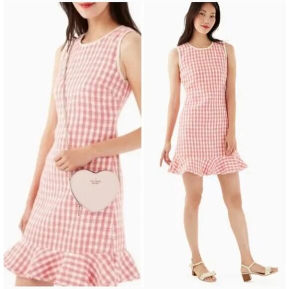 Kate Spade Gingham Tweed Dress Ivory Peach Nectar Size 14 Sleeveless - Picture 3 of 11